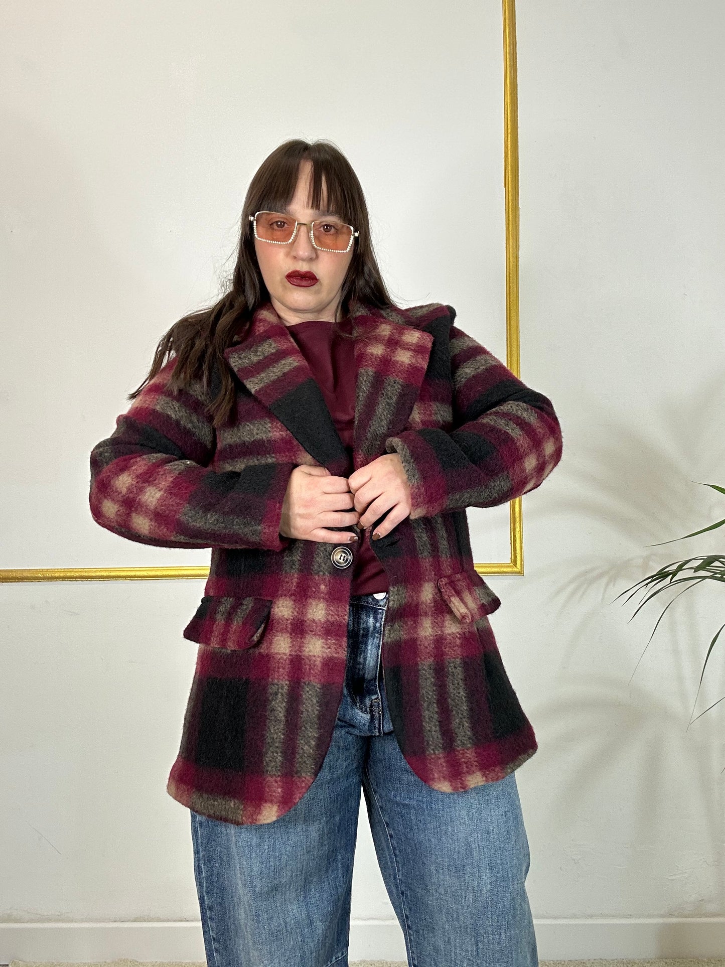 GIACCA QUADRI IN LANA BORDEOUX