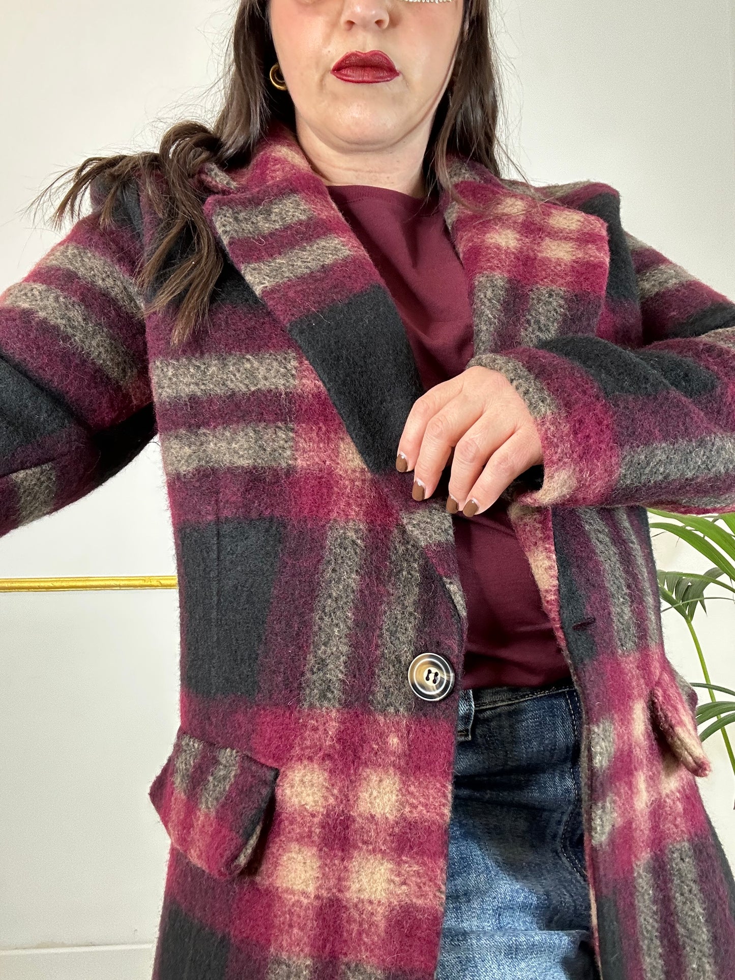 GIACCA QUADRI IN LANA BORDEOUX